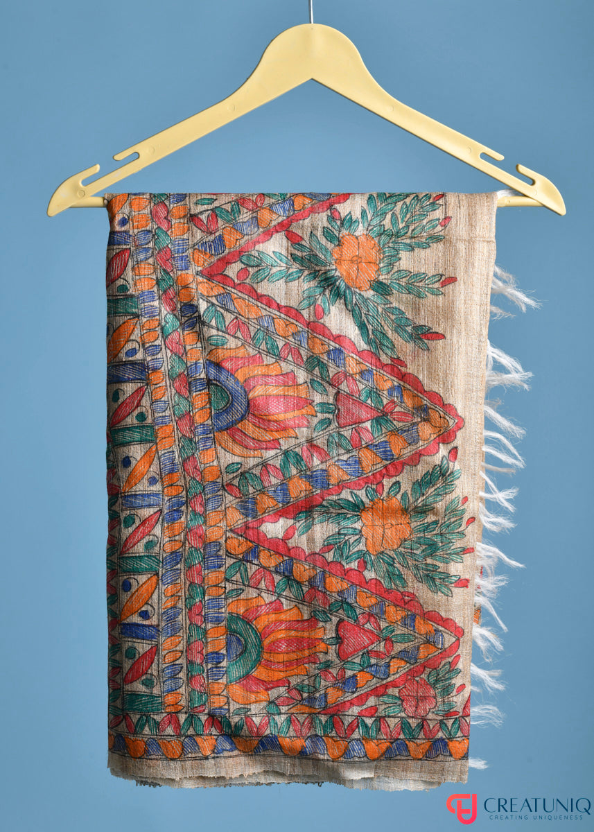 Madhubani Hand-Painted Tussar Ghicha Silk Dupatta – Floral Heritage
