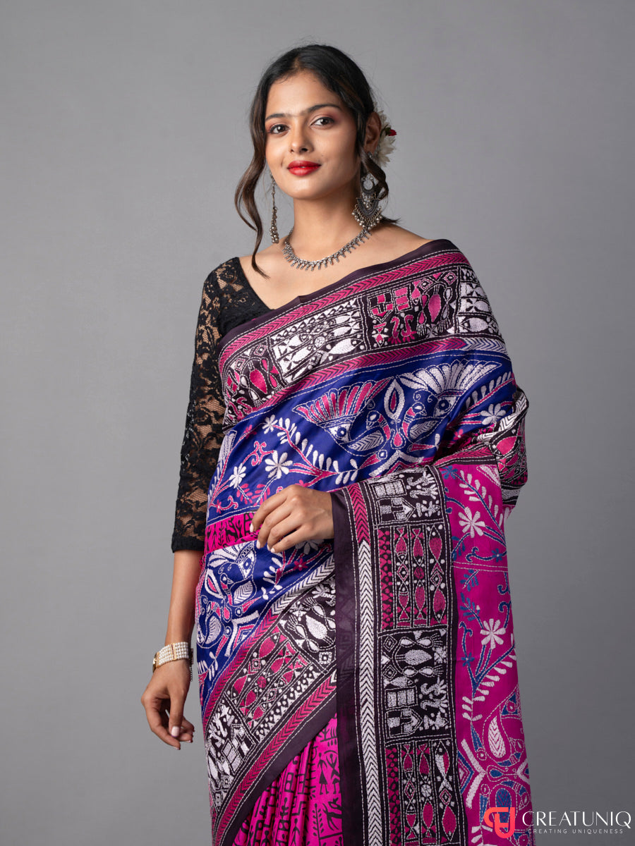 Magenta-Blue Kantha Batik Pure Silk Saree