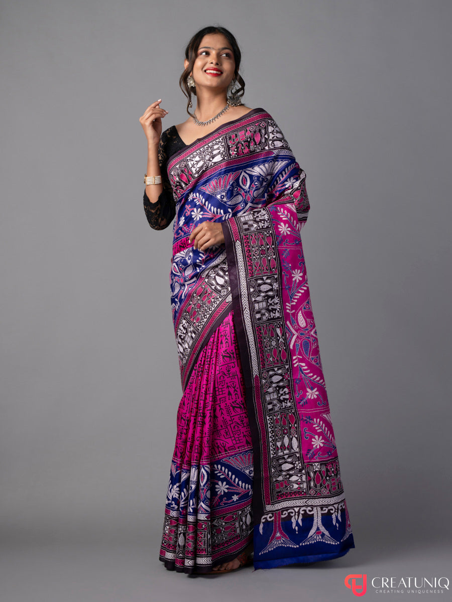 Magenta-Blue Kantha Batik Pure Silk Saree