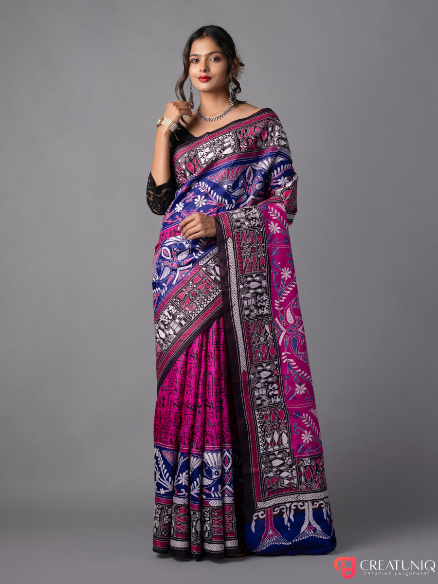Magenta-Blue Kantha Batik Pure Silk Saree