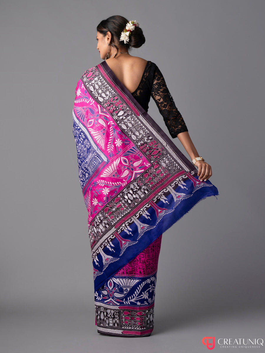 Magenta-Blue Kantha Batik Pure Silk Saree