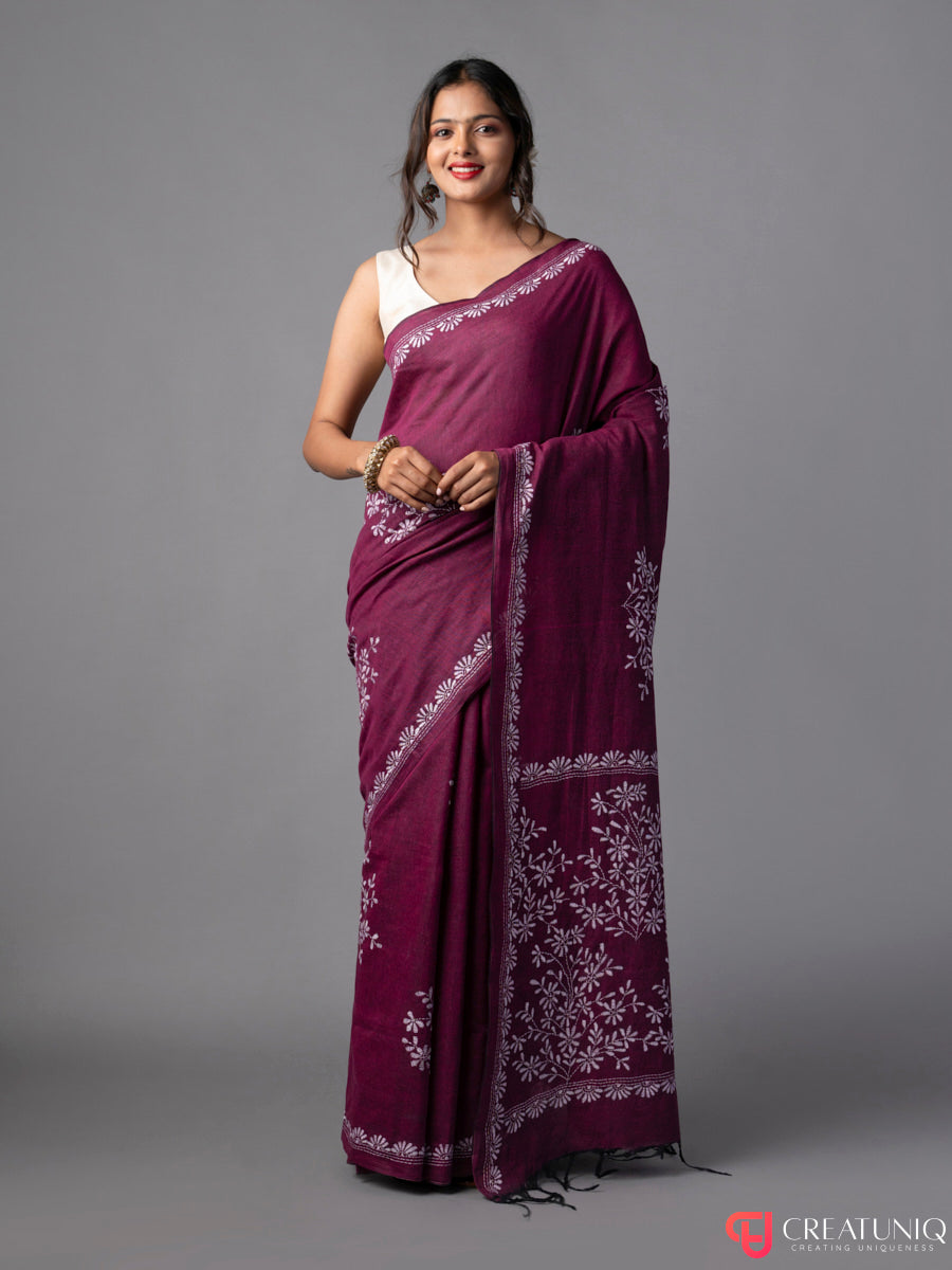 Magenta Khadi Saree with White Floral Kantha Work