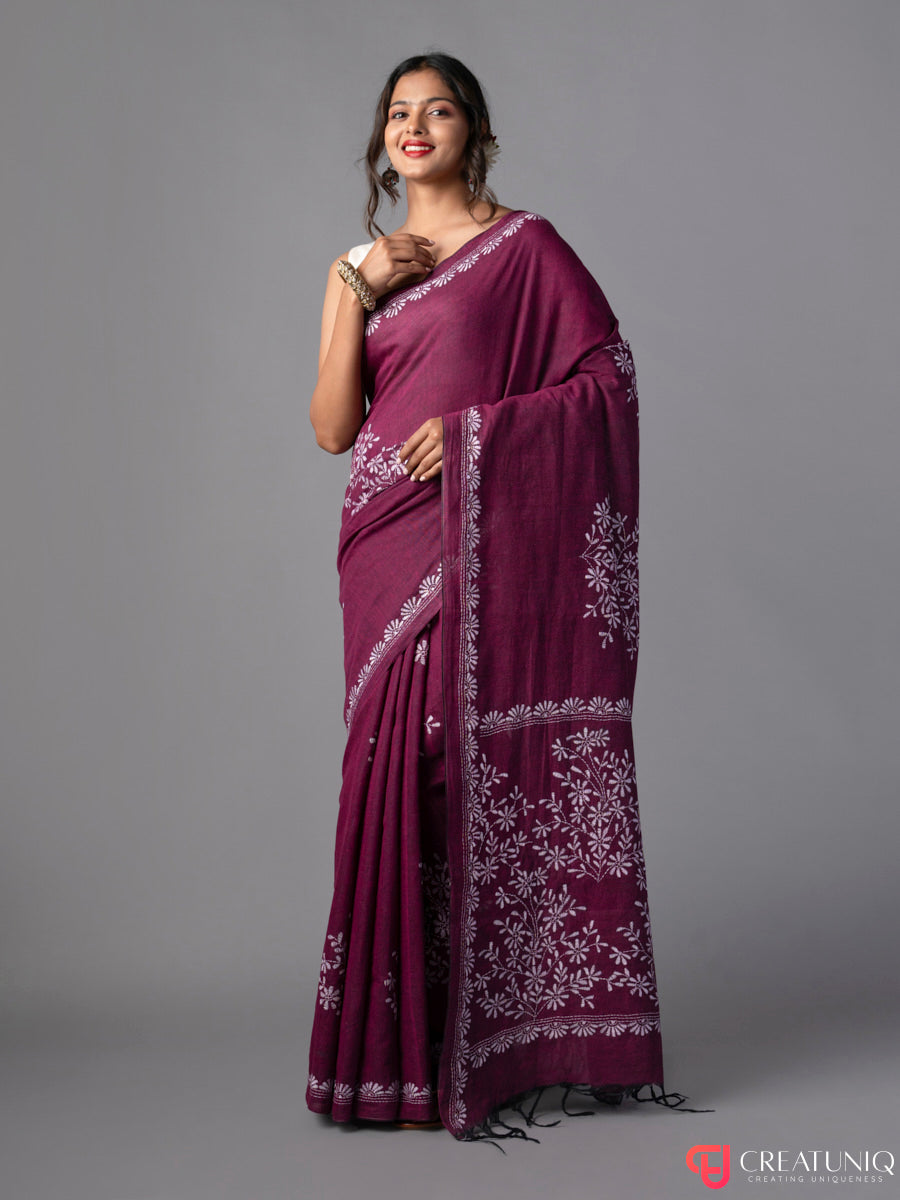 Magenta Khadi Saree with White Floral Kantha Work