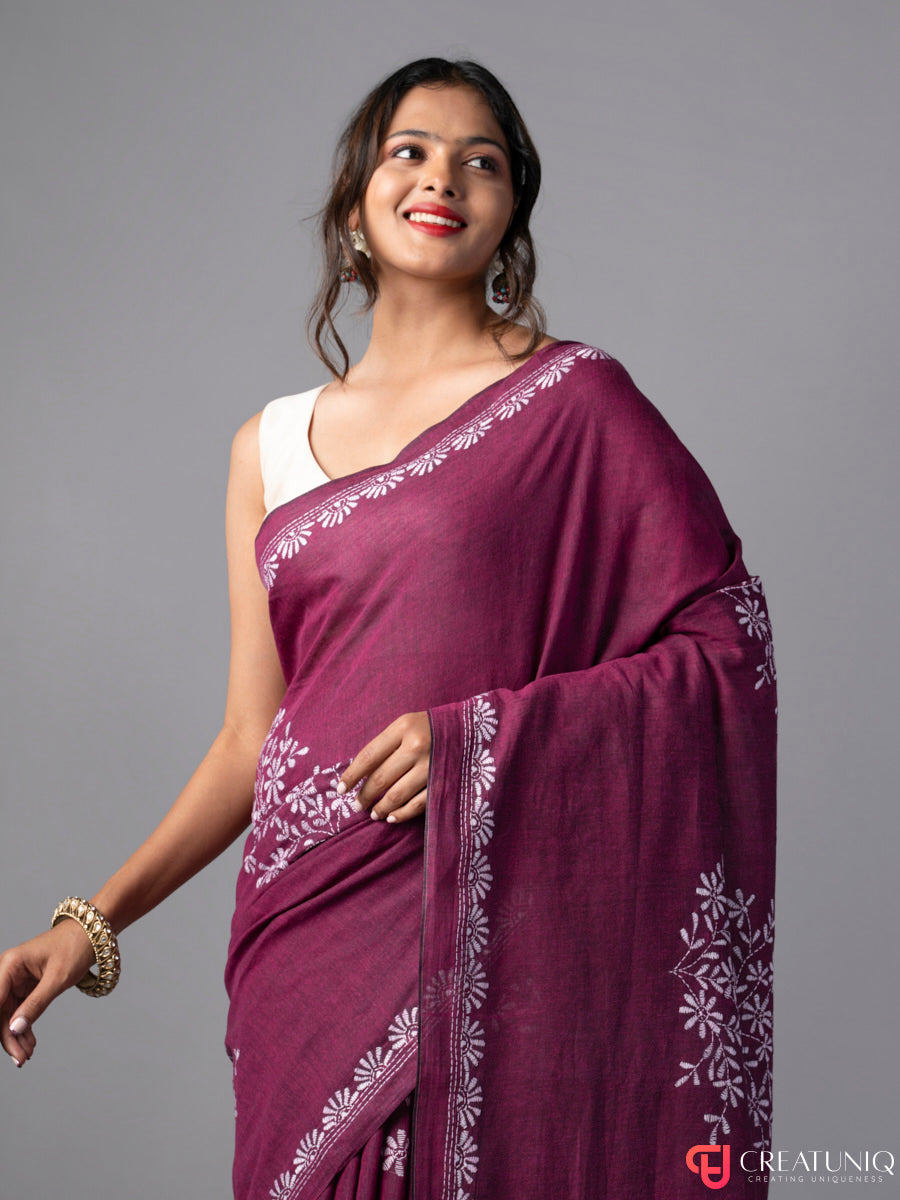 Magenta Khadi Saree with White Floral Kantha Work