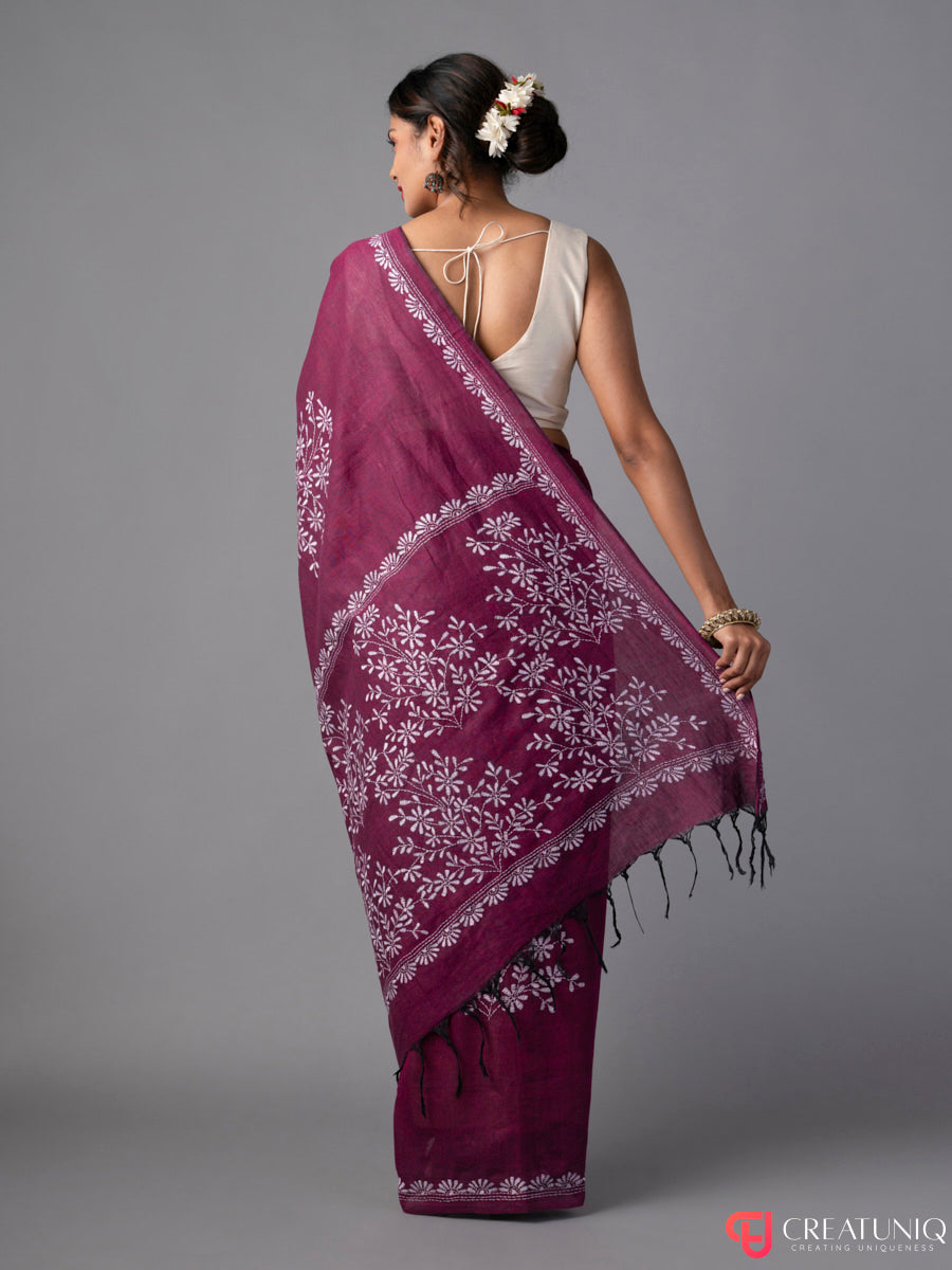 Magenta Khadi Saree with White Floral Kantha Work