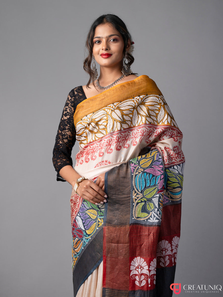 Multicolor Florals and Shankh Kantha Pure Silk Saree
