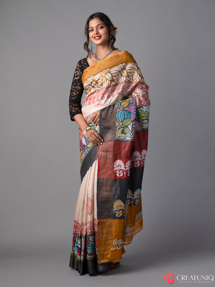 Multicolor Florals and Shankh Kantha Pure Silk Saree