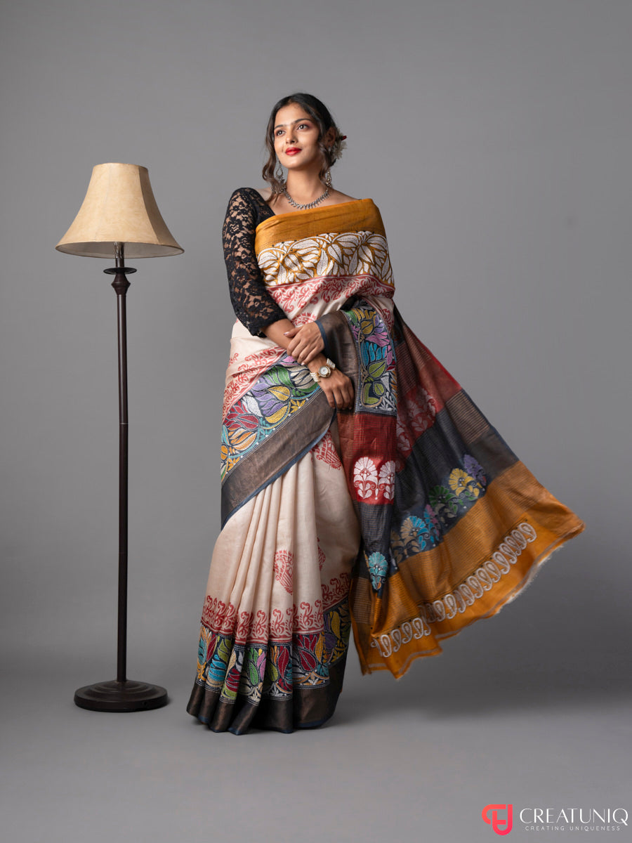 Multicolor Florals and Shankh Kantha Pure Silk Saree