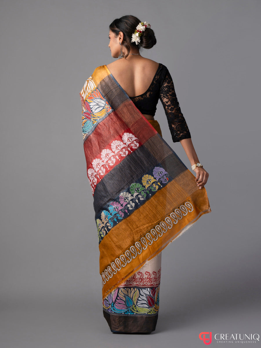 Multicolor Florals and Shankh Kantha Pure Silk Saree