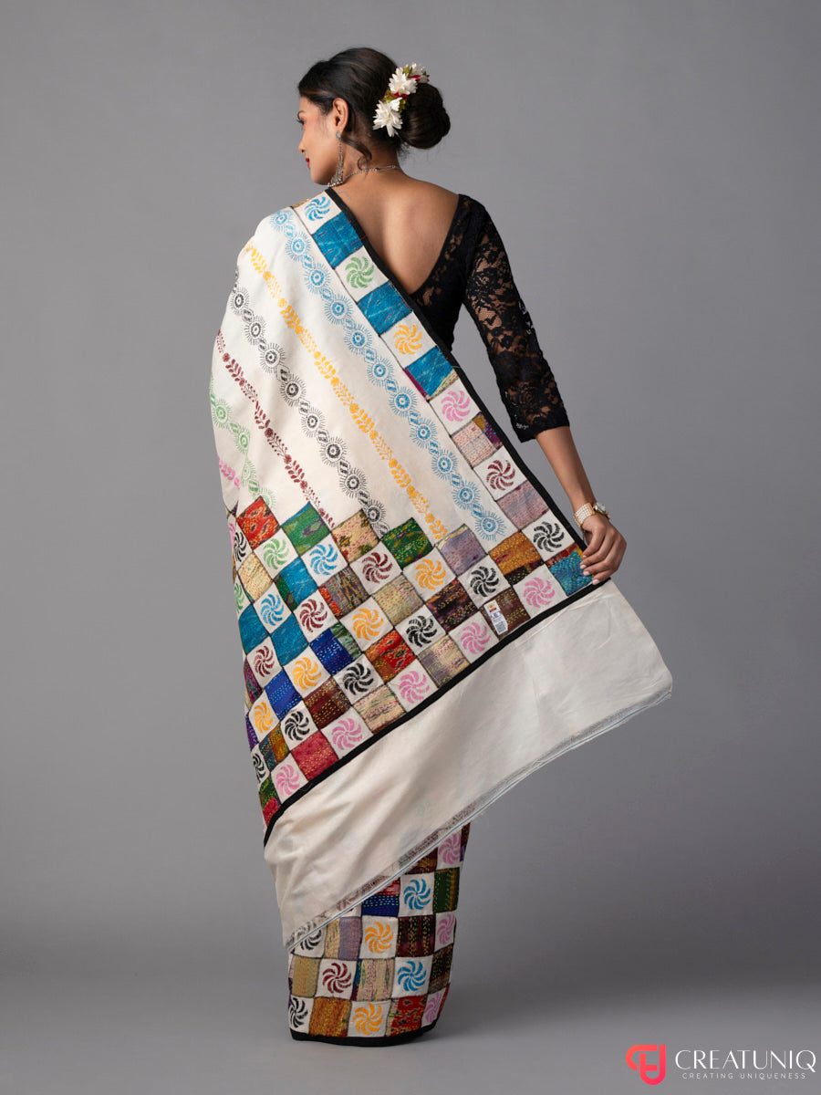 Off White Kantha Saree with Block Embroidery in Pure Silk