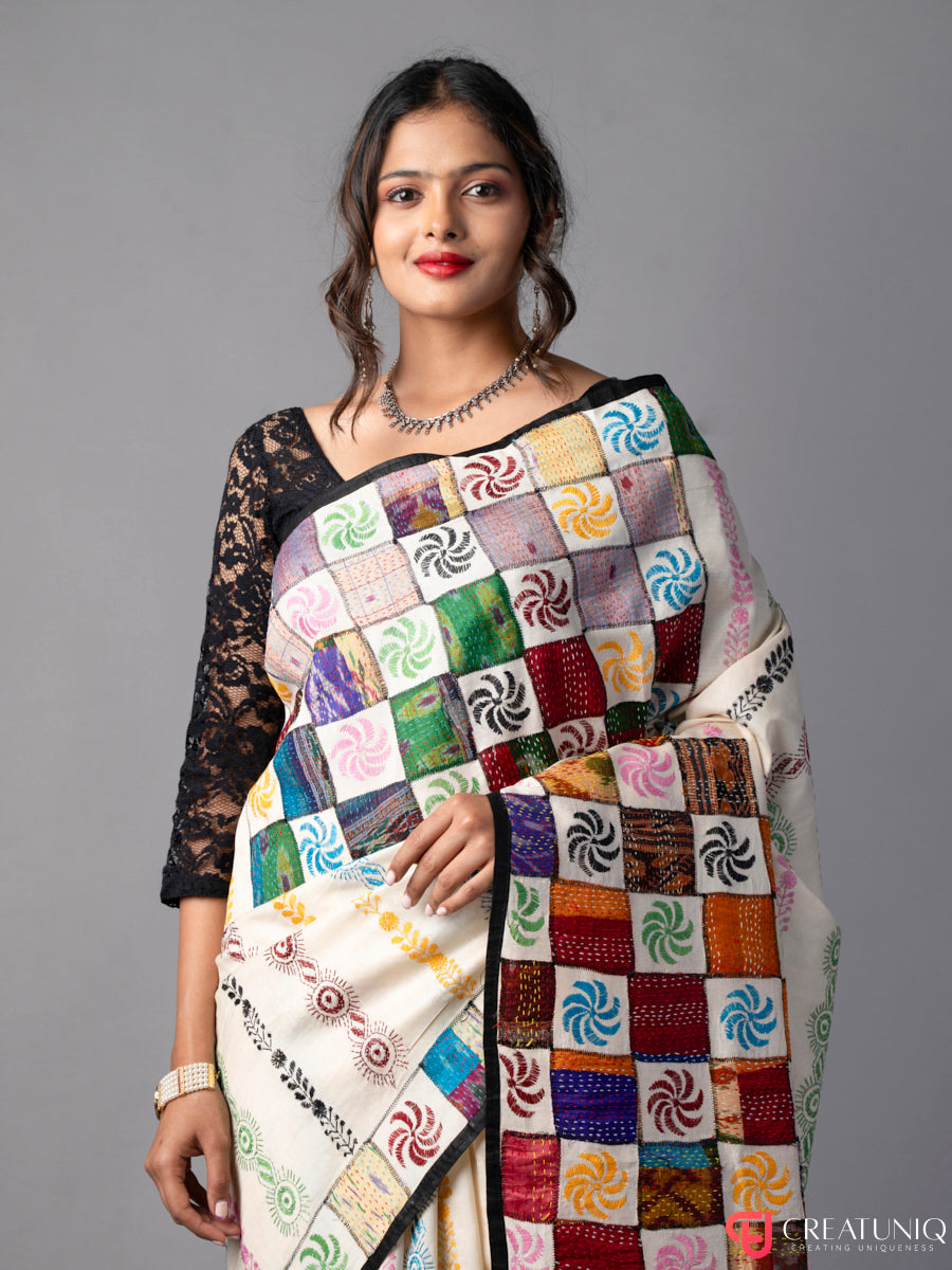 Off White Kantha Saree with Block Embroidery in Pure Silk