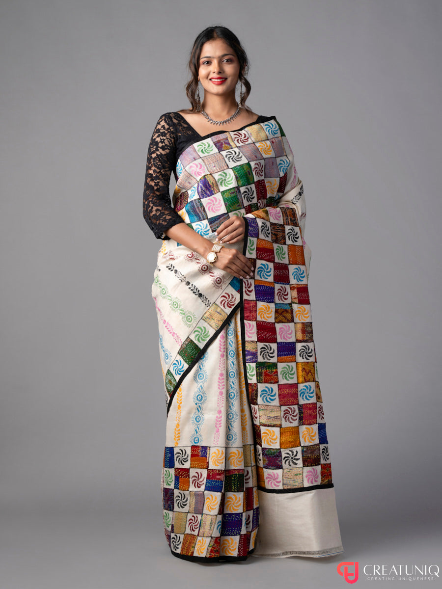 Off White Kantha Saree with Block Embroidery in Pure Silk