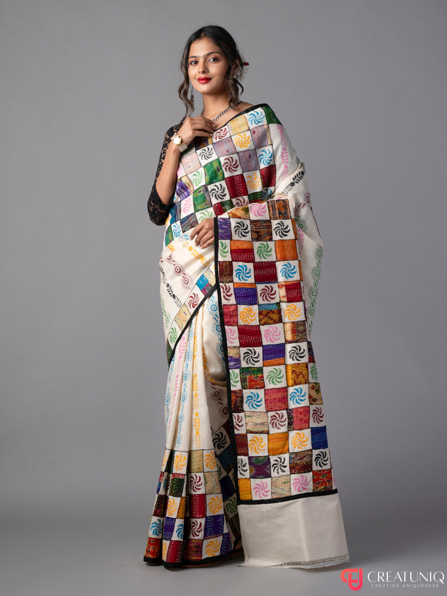 Off White Kantha Saree with Block Embroidery in Pure Silk