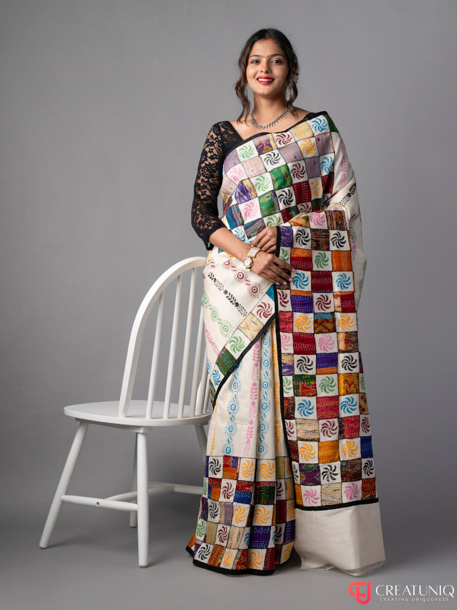 Off White Kantha Saree with Block Embroidery in Pure Silk