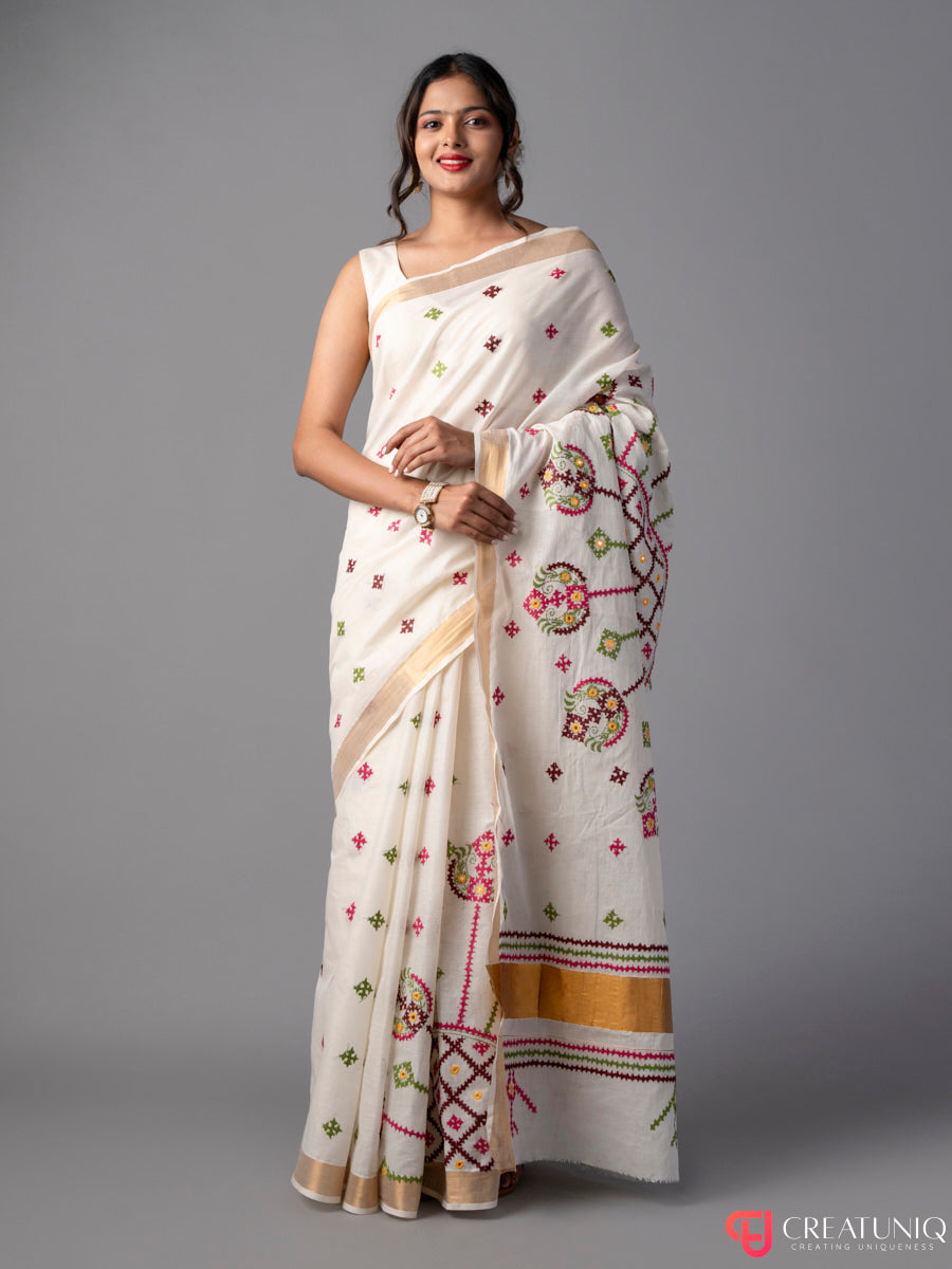 Off White Kerala Cotton Saree with Gujrati Stitch Kantha Work