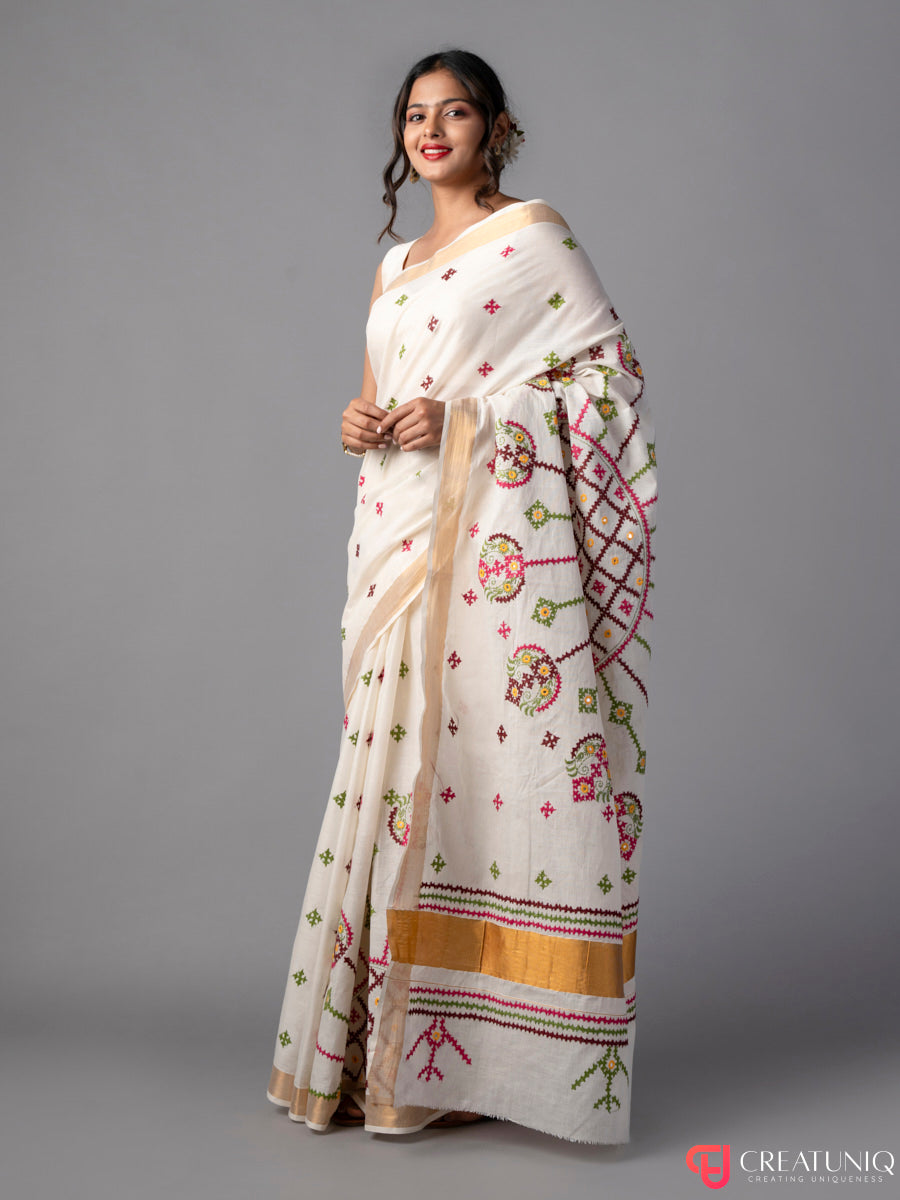 Off White Kerala Cotton Saree with Gujrati Stitch Kantha Work
