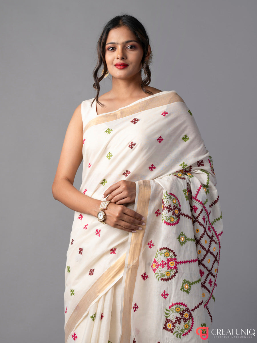 Off White Kerala Cotton Saree with Gujrati Stitch Kantha Work