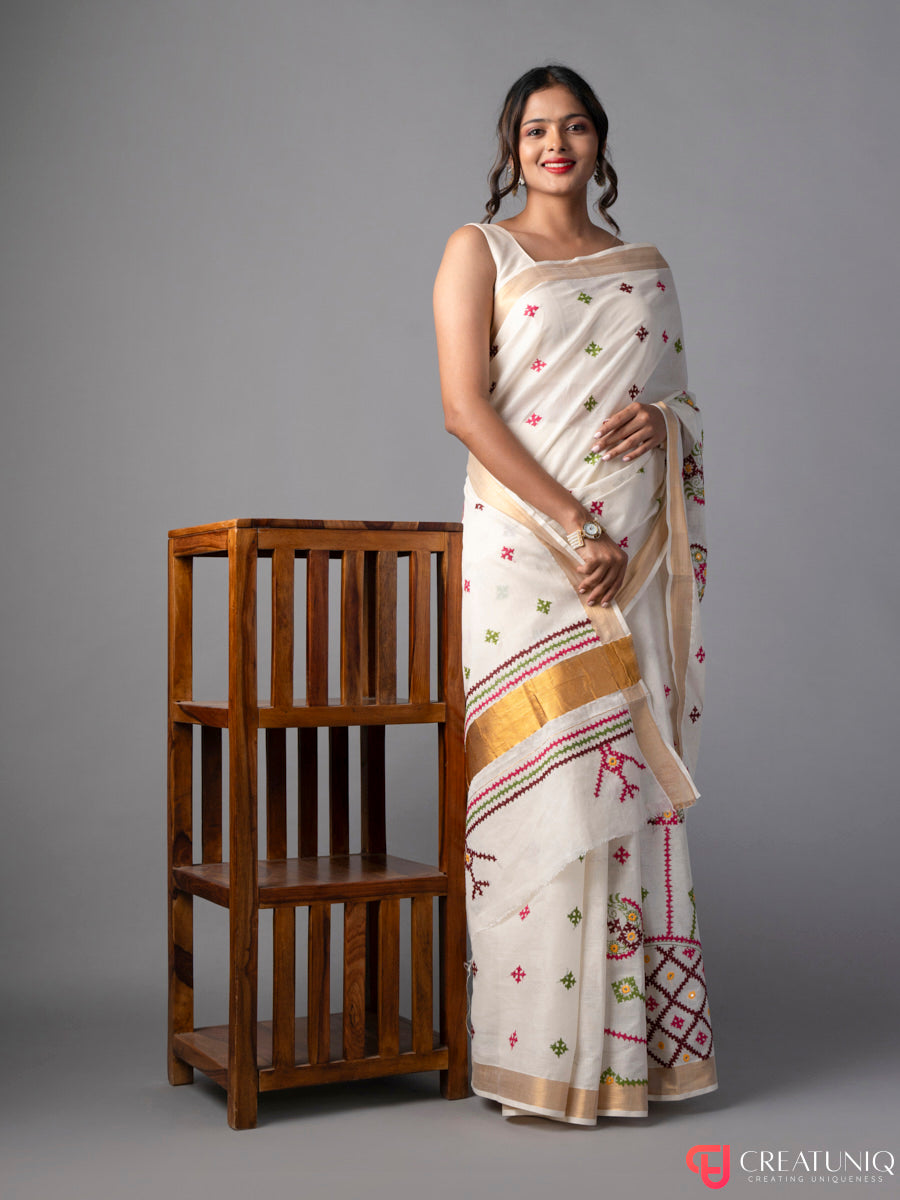 Off White Kerala Cotton Saree with Gujrati Stitch Kantha Work