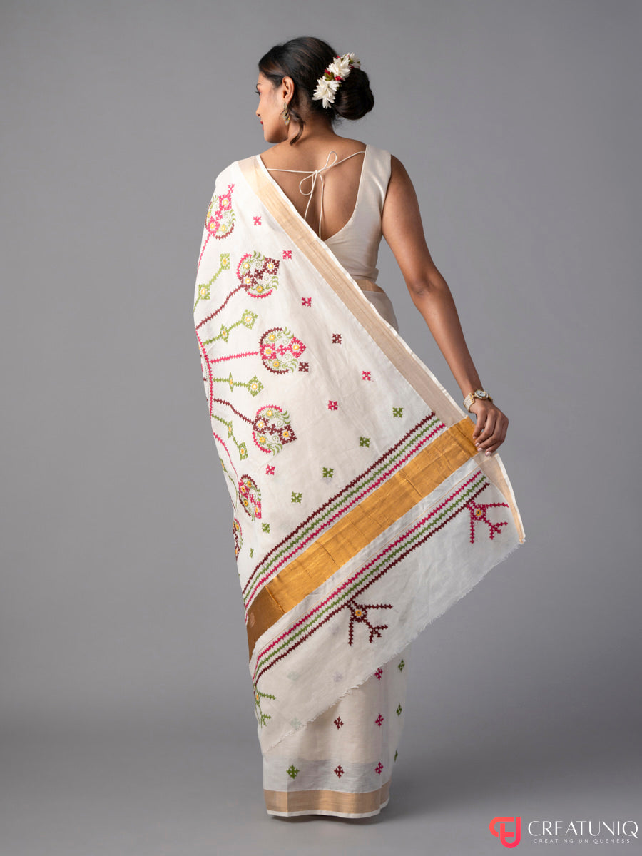 Off White Kerala Cotton Saree with Gujrati Stitch Kantha Work