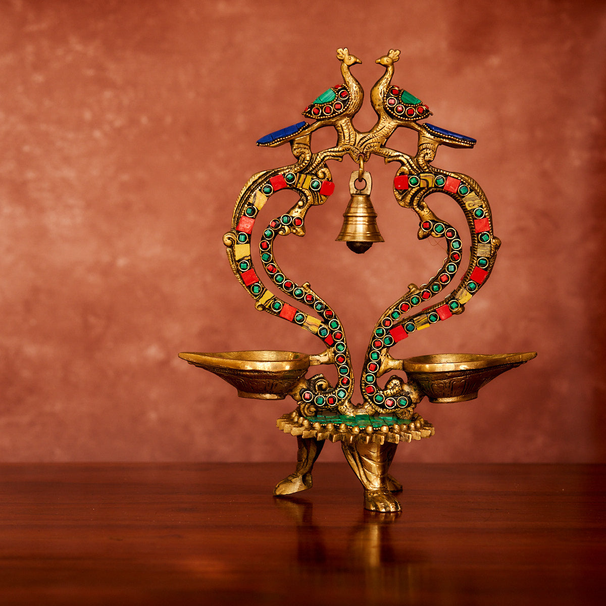 Peacock Brass Diya 12" with Antique Polish and Stonework