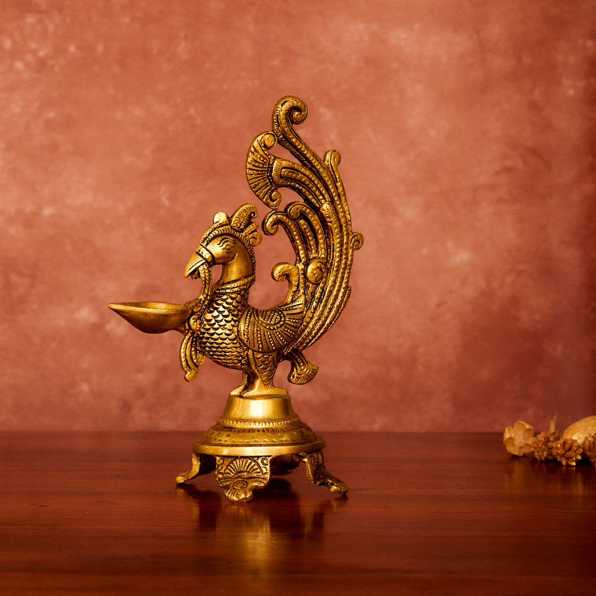 Peacock Brass Diya 8.5" with Antique Polish