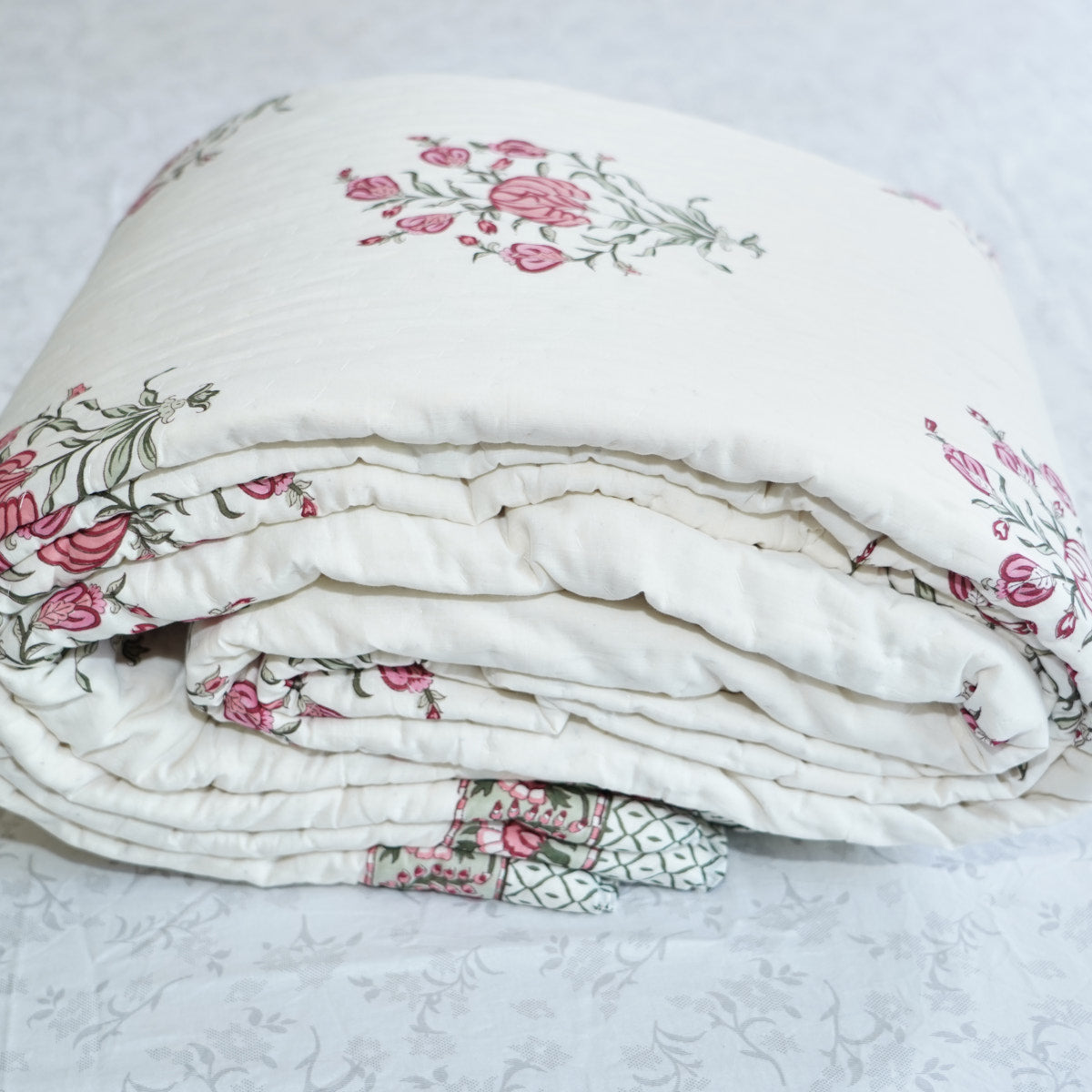 Pink Floral Essence Reversible Hand Block Printed Cotton Quilt