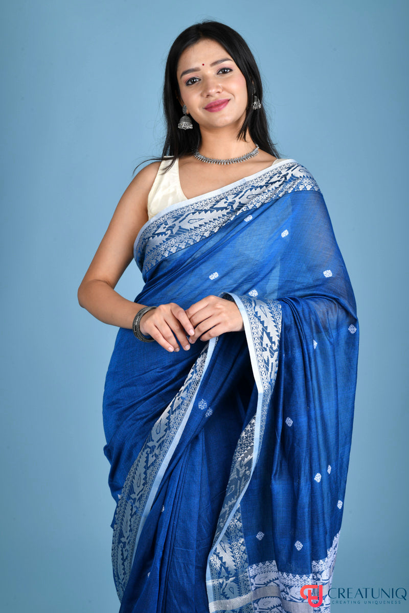Pure Cotton Blue Saree with Traditional Buti and Artistic Pallu