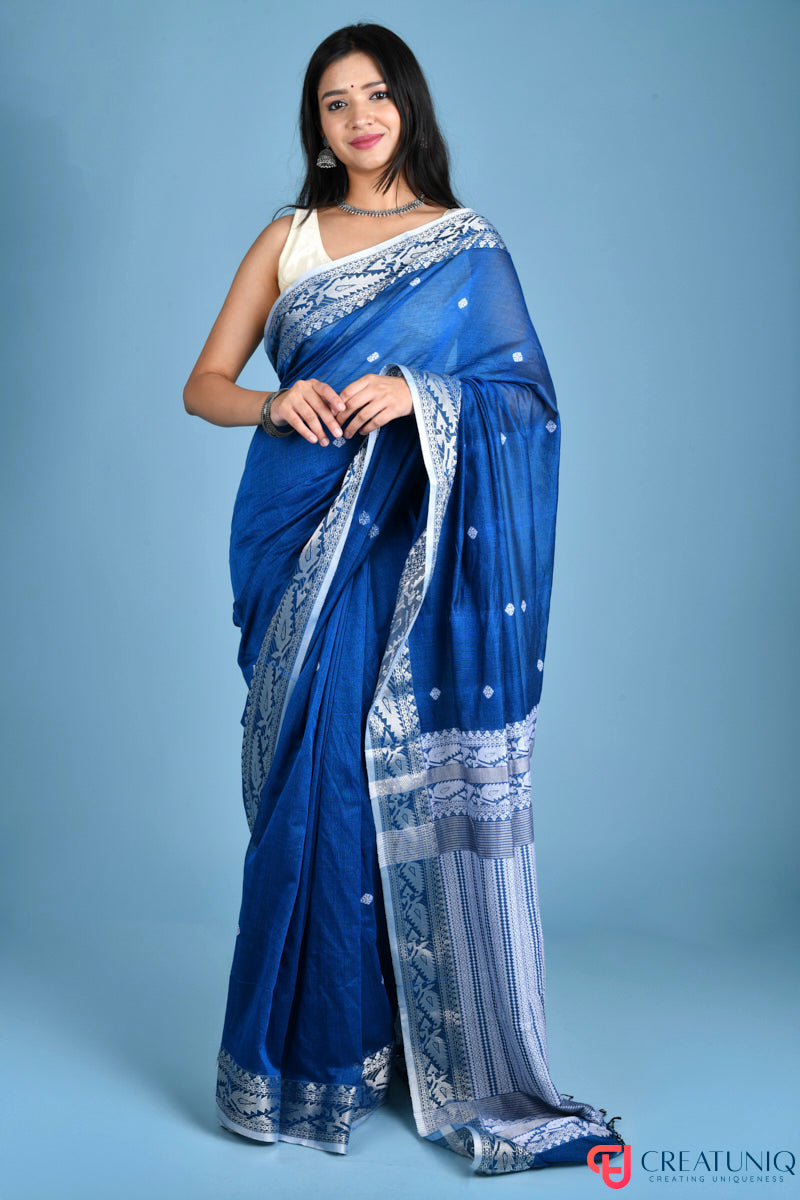 Pure Cotton Blue Saree with Traditional Buti and Artistic Pallu