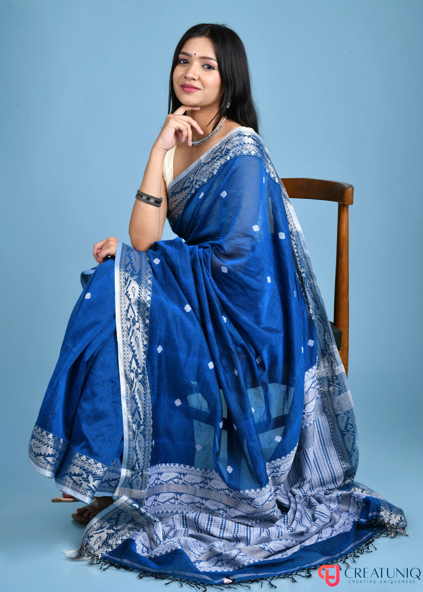 Pure Cotton Blue Saree with Traditional Buti and Artistic Pallu