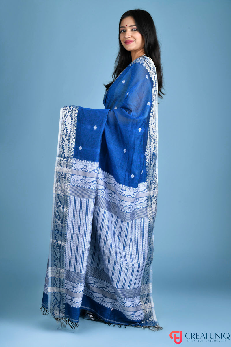 Pure Cotton Blue Saree with Traditional Buti and Artistic Pallu