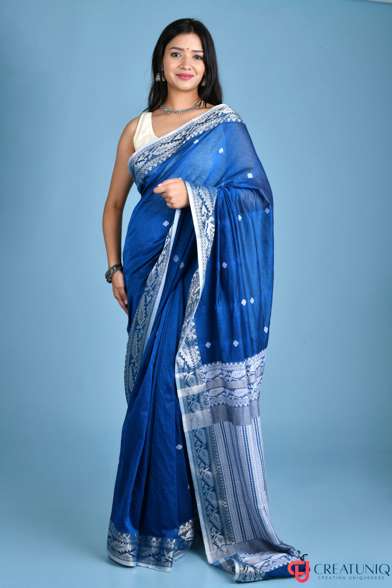 Pure Cotton Blue Saree with Traditional Buti and Artistic Pallu