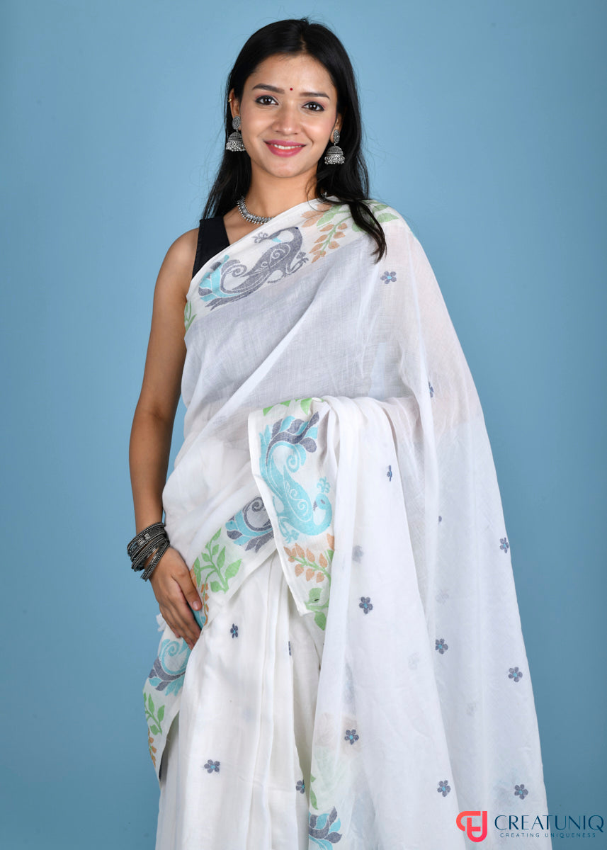 Pure Cotton Off White With Floral Design and Peacock Motif