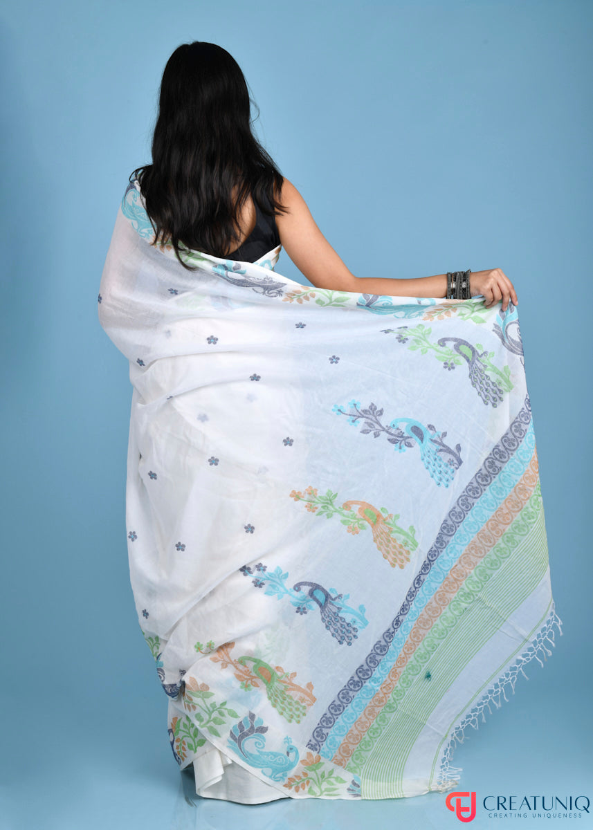 Pure Cotton Off White With Floral Design and Peacock Motif