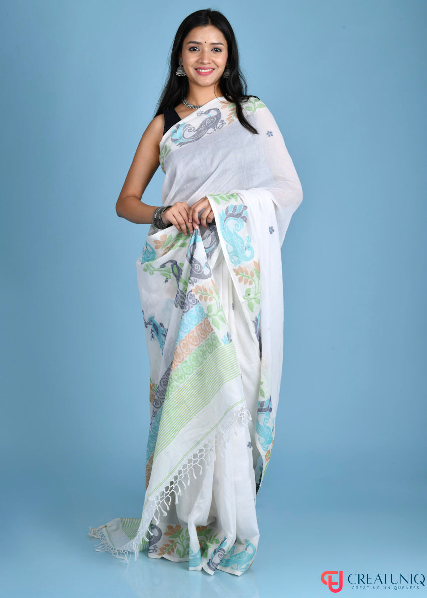 Pure Cotton Off White With Floral Design and Peacock Motif