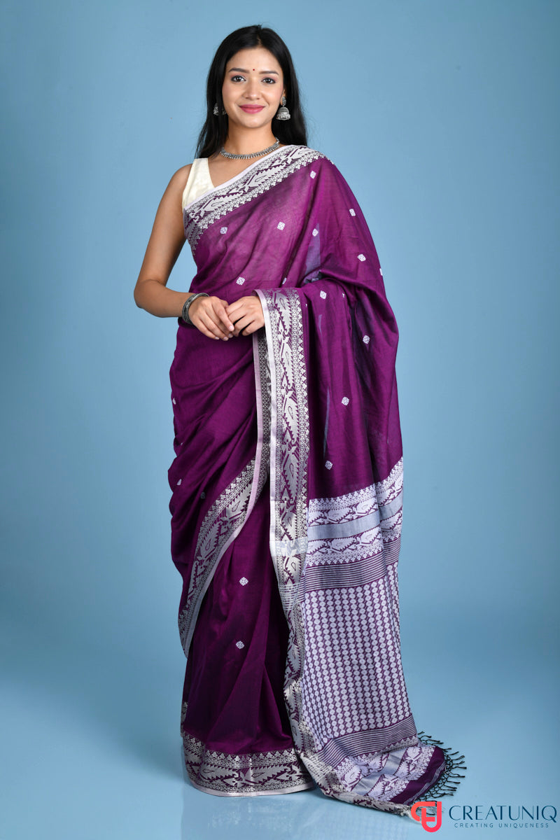 Pure Cotton Purple Saree with Traditional Buti and Artistic Pallu