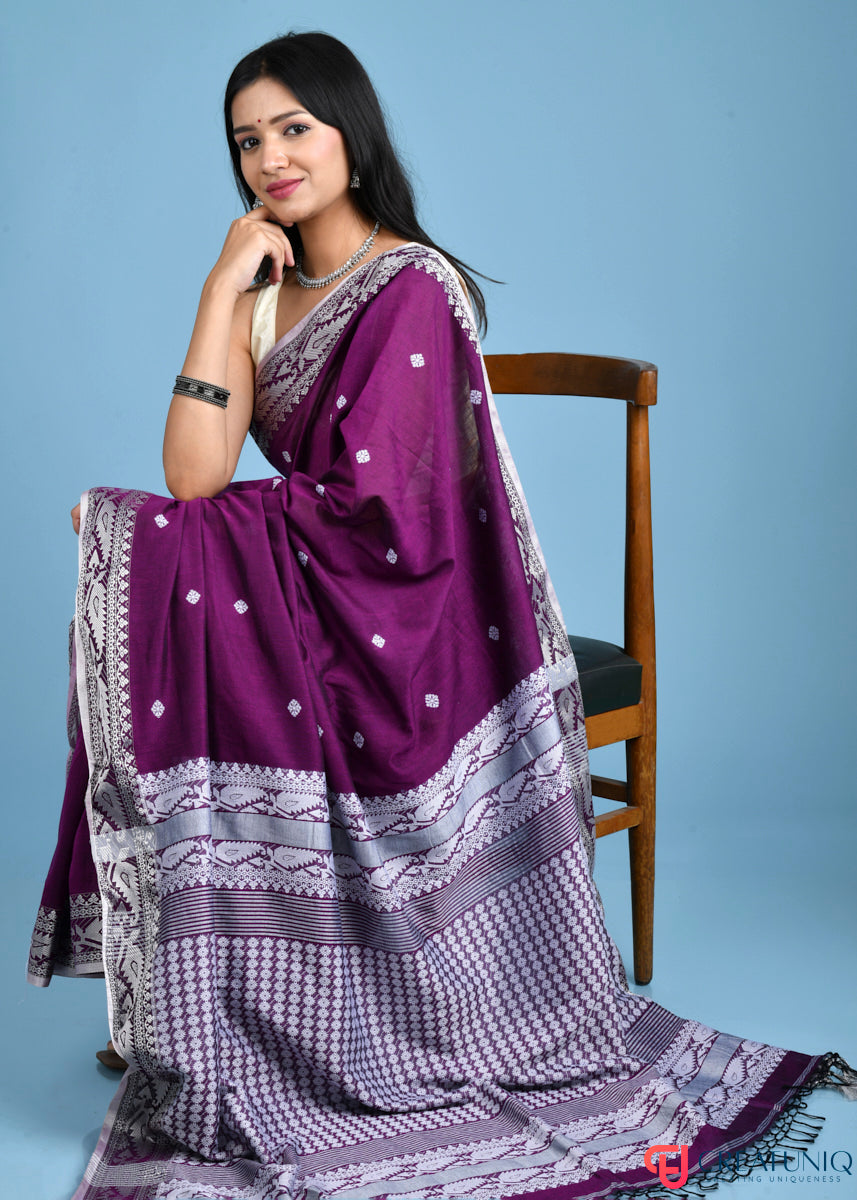 Pure Cotton Purple Saree with Traditional Buti and Artistic Pallu