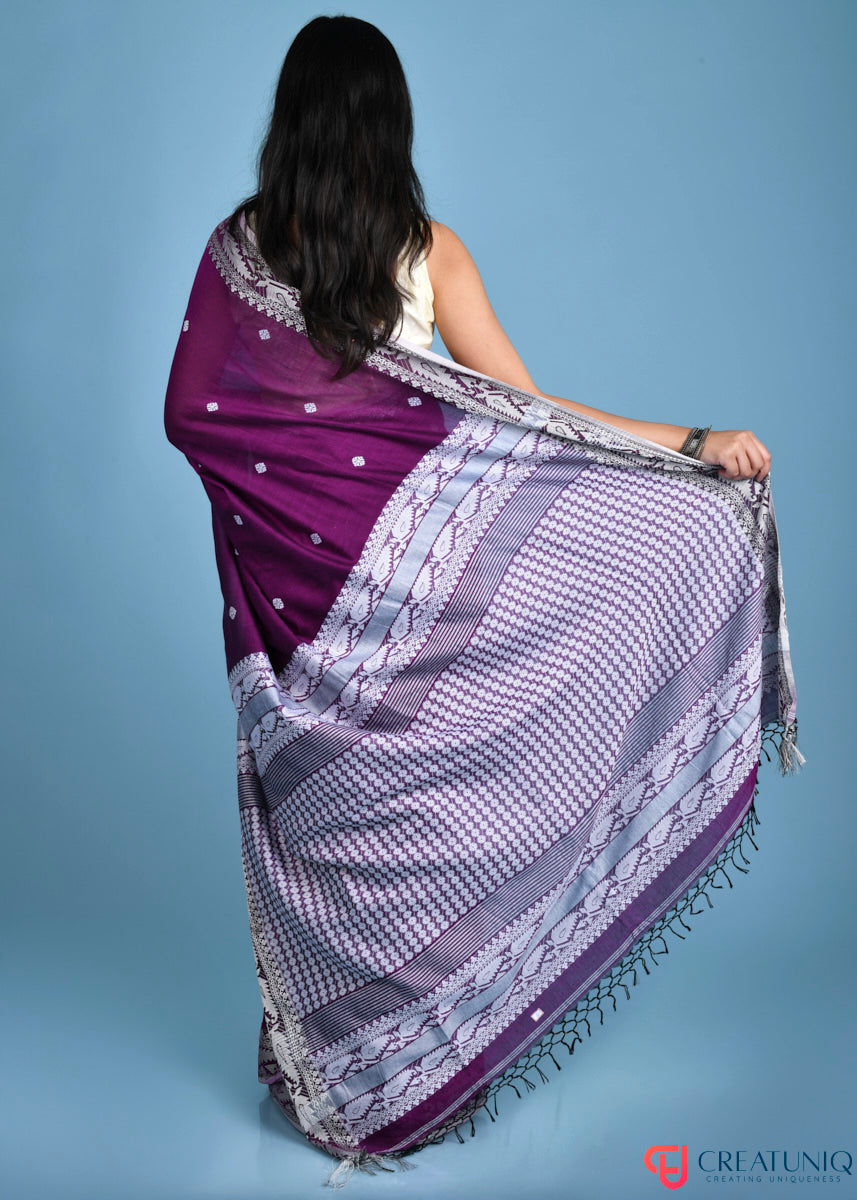 Pure Cotton Purple Saree with Traditional Buti and Artistic Pallu