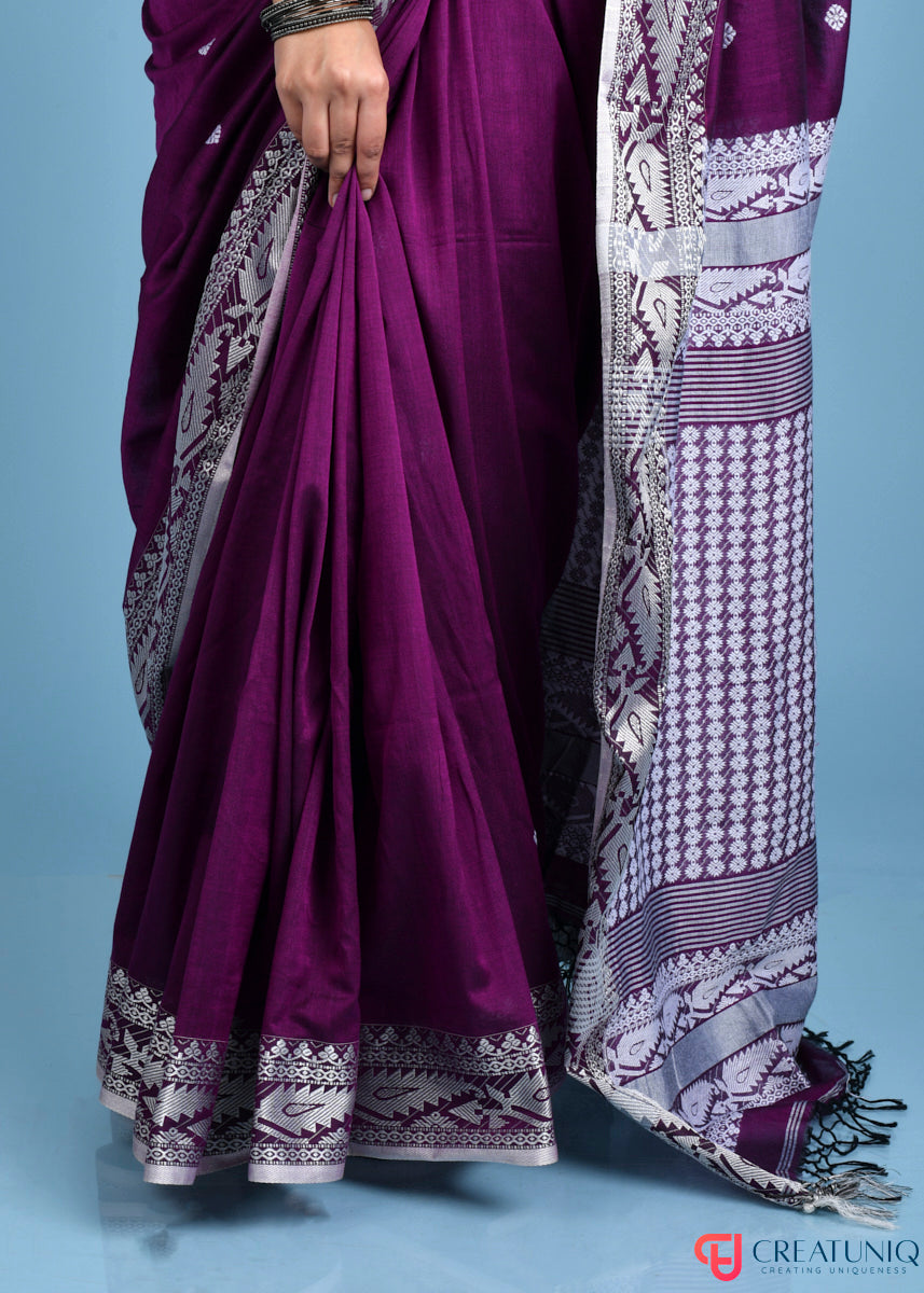 Pure Cotton Purple Saree with Traditional Buti and Artistic Pallu