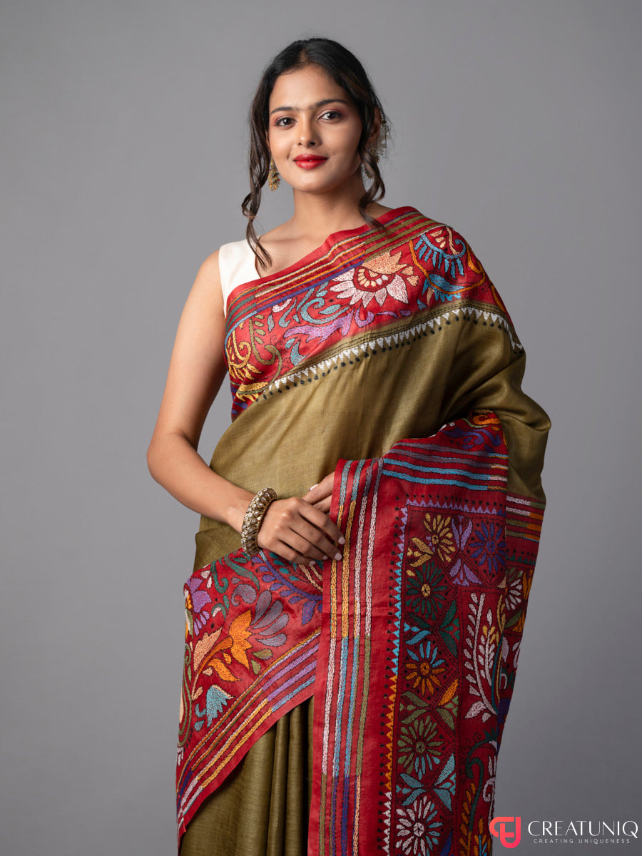 Red-Green Floral Kantha Pure Silk Saree