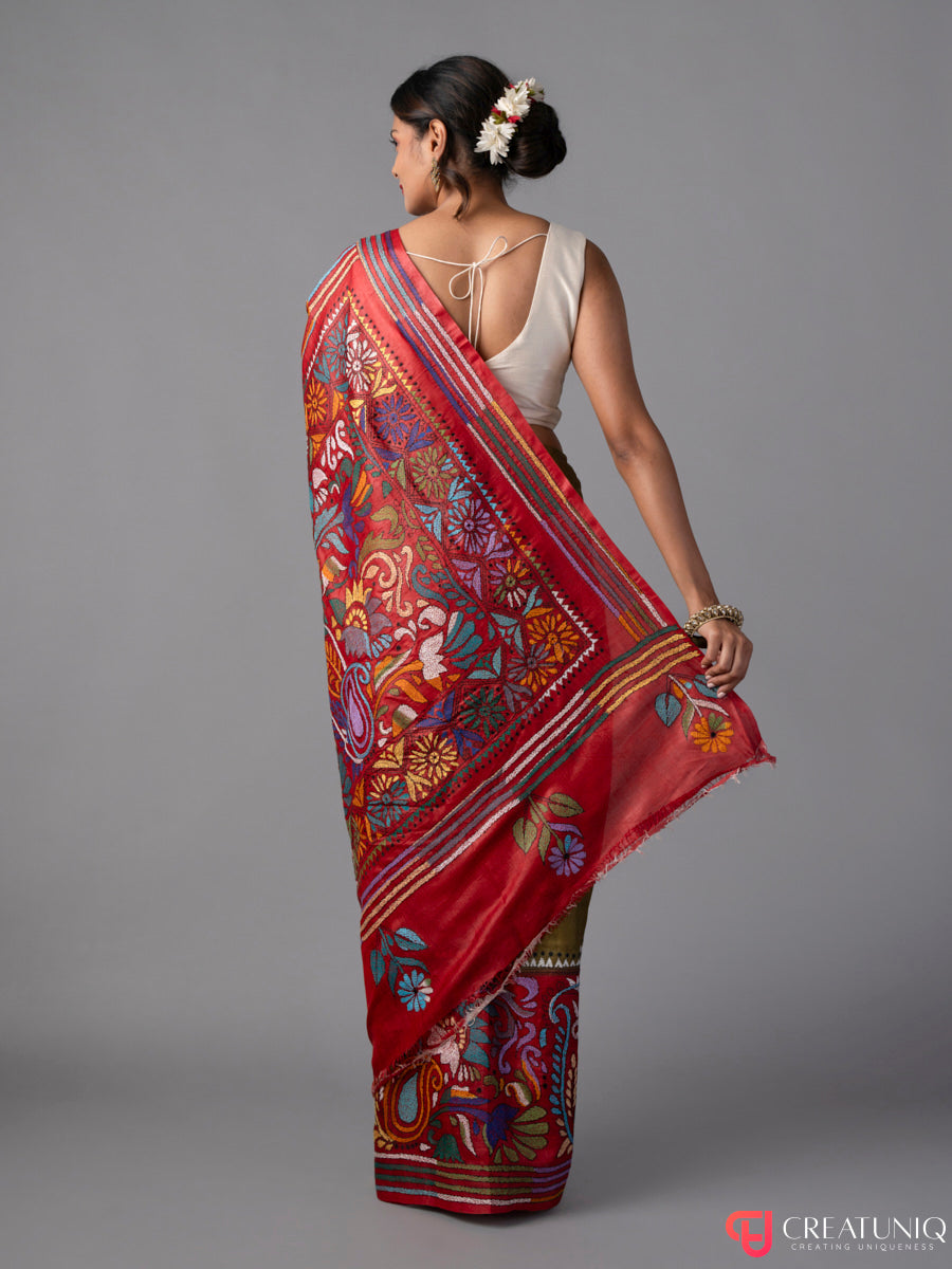 Red-Green Floral Kantha Pure Silk Saree