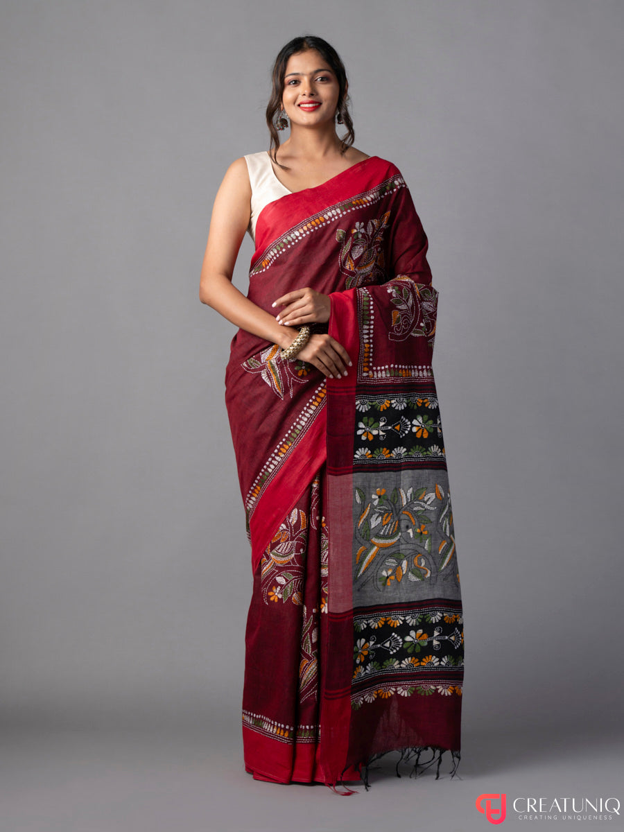 Red-Grey Khadi Saree with Green-Yellow Kantha Work