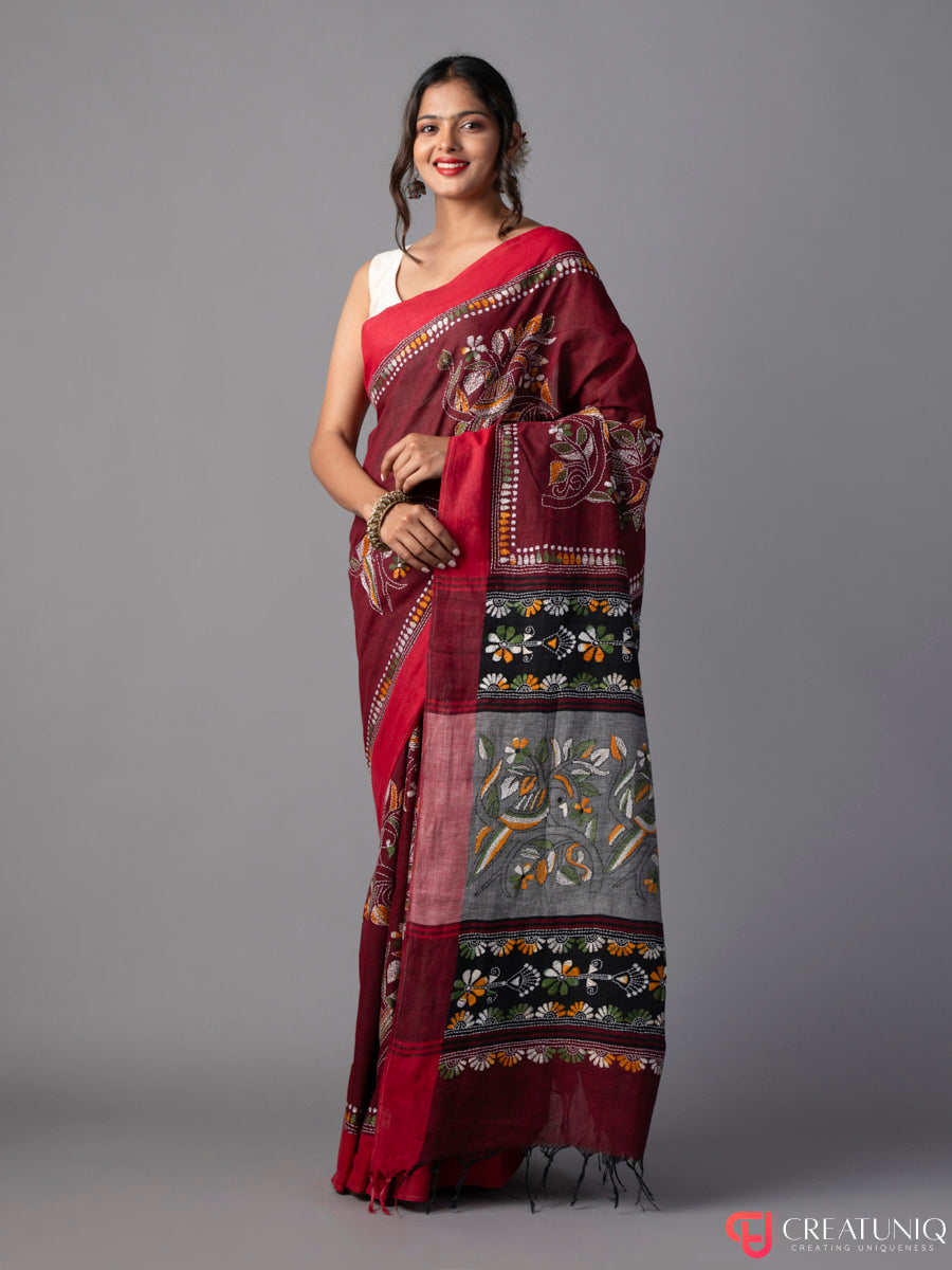 Red-Grey Khadi Saree with Green-Yellow Kantha Work