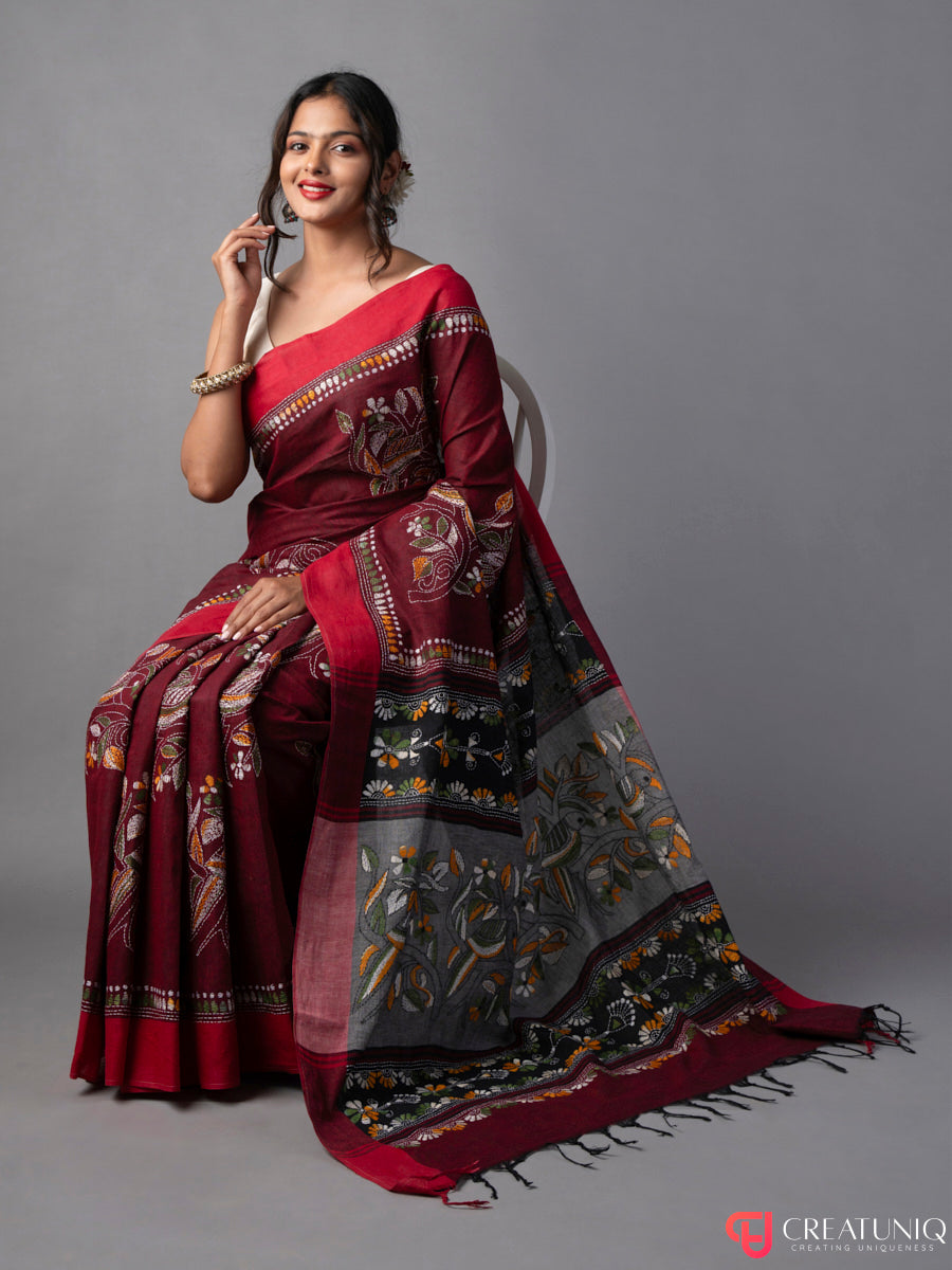 Red-Grey Khadi Saree with Green-Yellow Kantha Work
