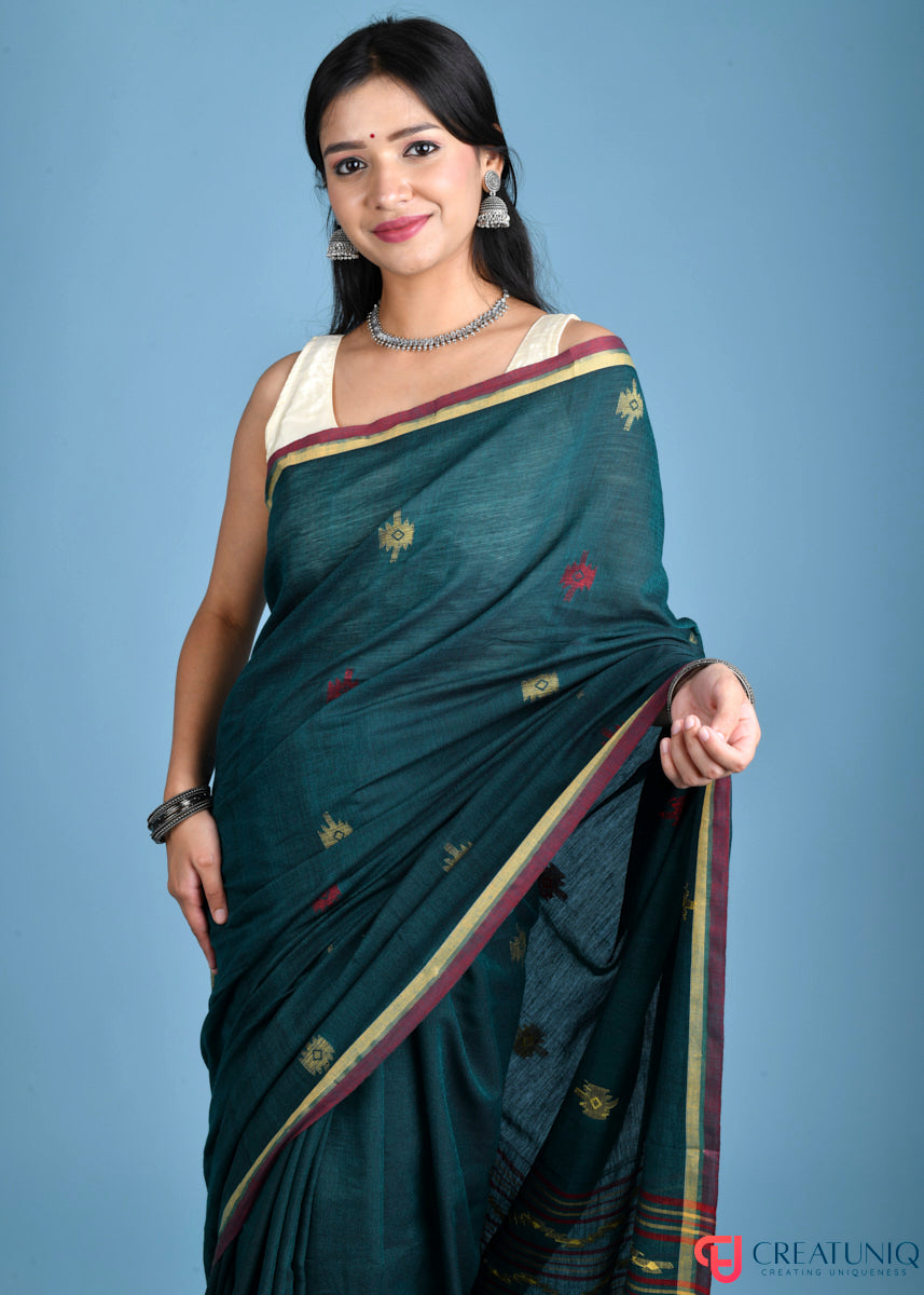Red Border Handloom Pure Cotton Saree with Zigzag Motif – Green