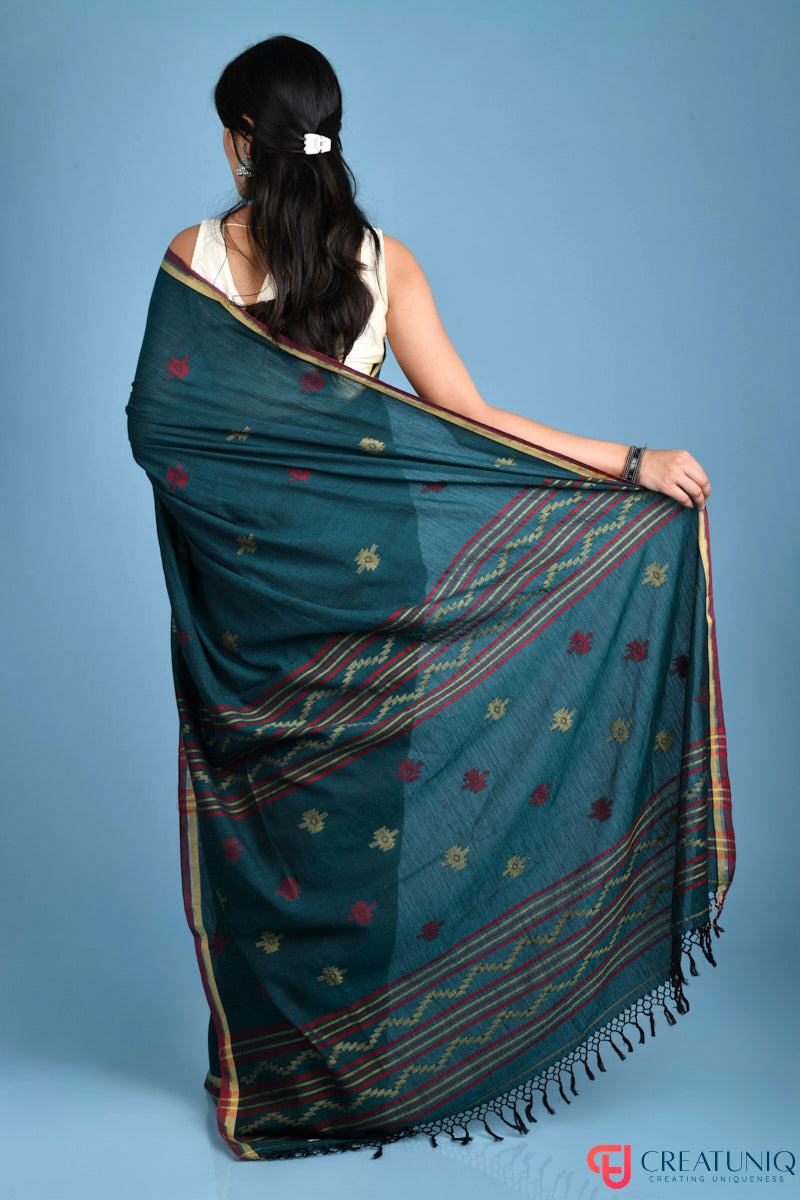 Red Border Handloom Pure Cotton Saree with Zigzag Motif – Green
