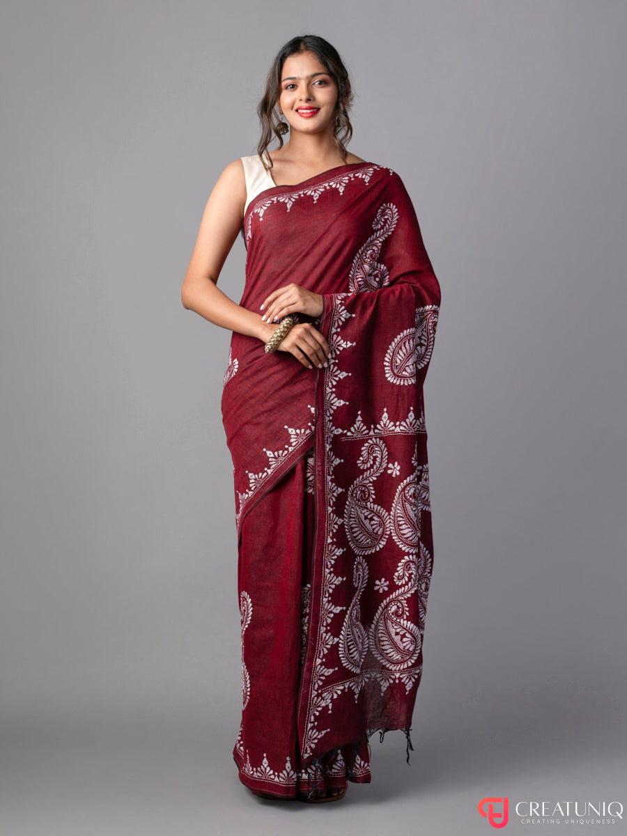 Red Khadi Saree with White Motifs Kantha Work