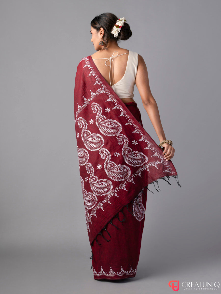 Red Khadi Saree with White Motifs Kantha Work