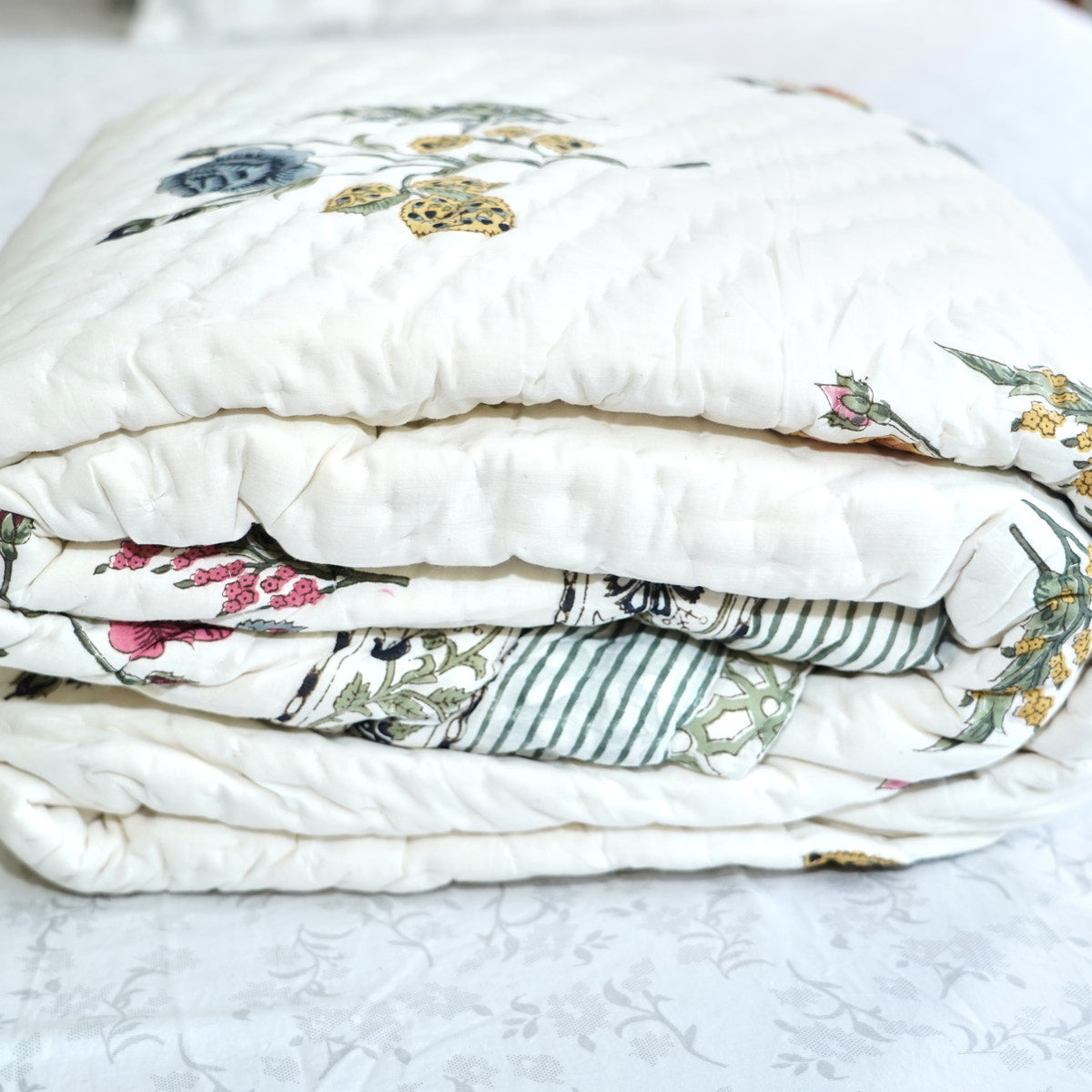 Rose Meadow Grace Reversible Hand Block Printed Cotton Quilt