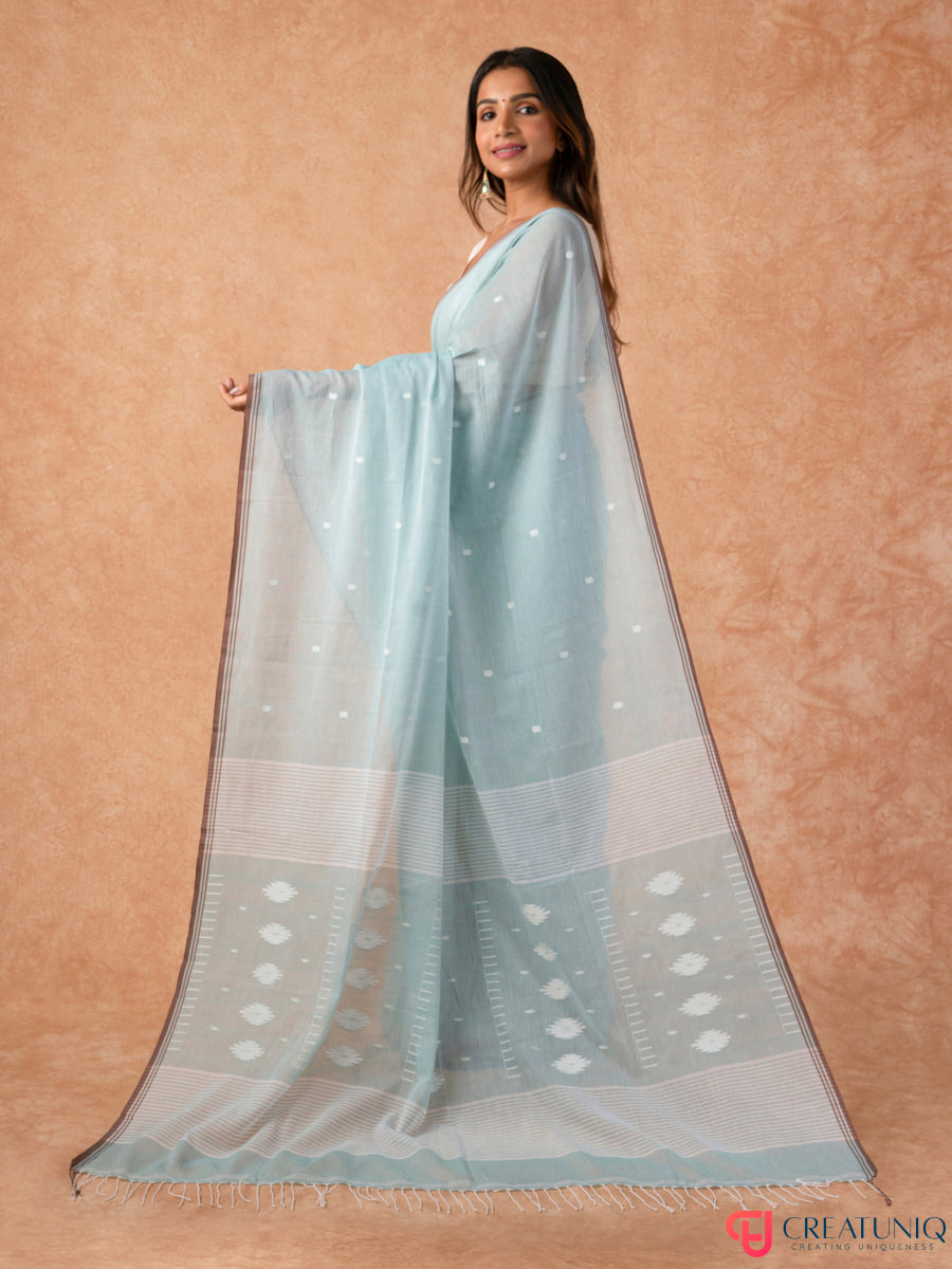 White Ball Buti Handloom Bengal Pure Cotton Saree – Sky Blue