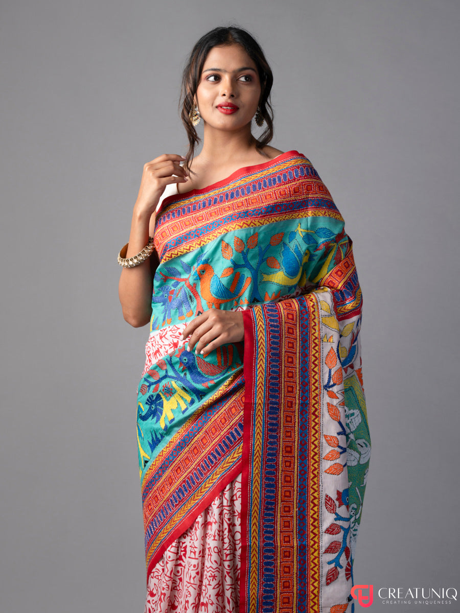 Sky Blue-Orange Kantha Batik Saree in Pure Silk